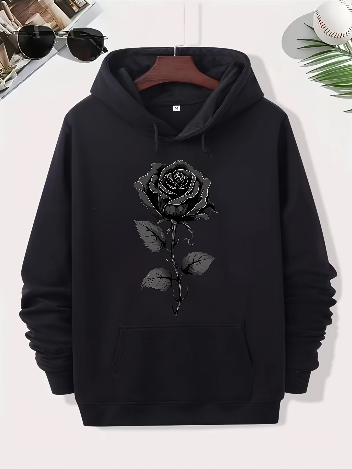 Men's Graphic Hoodie Shaded Petals With Gentle Leaves Surrounding A Blooming Rose