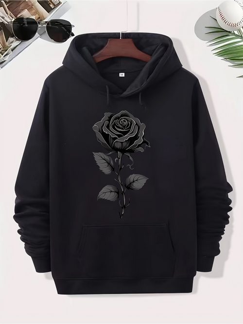 Men's Graphic Hoodie Shaded Petals With Gentle Leaves Surrounding A Blooming Rose