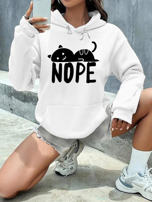 Women's Graphic Hoodie Nope Sleepy Cat Resting On Relaxed Hoodie Surface