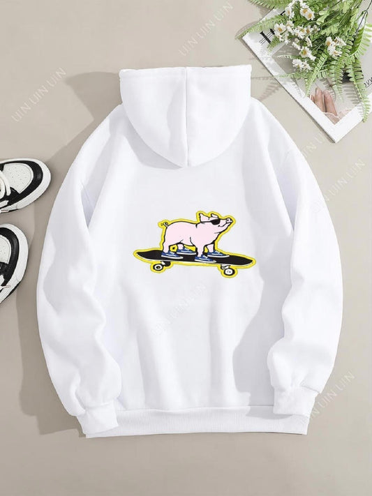 Women's Graphic Hoodie Cool Sunglasses Pig Riding On Skateboard Illustration