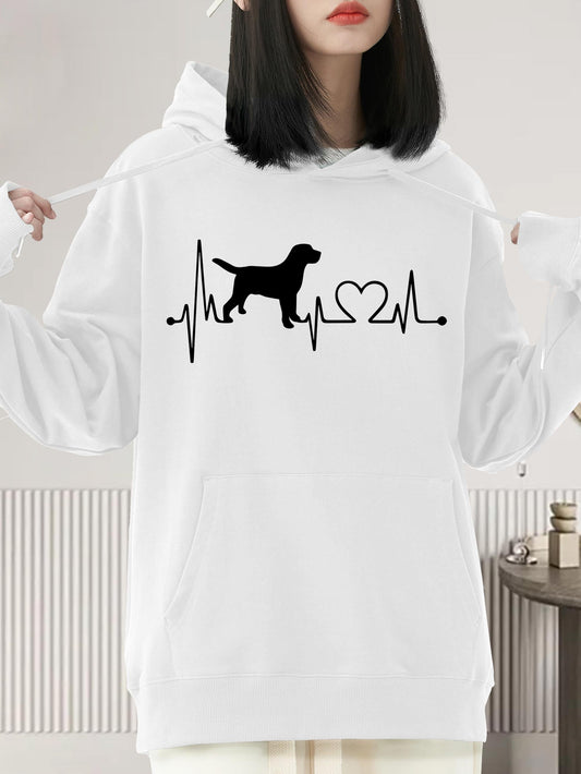 Women's Graphic Hoodie Heartbeat Line With Dog Silhouette And Heart Shape