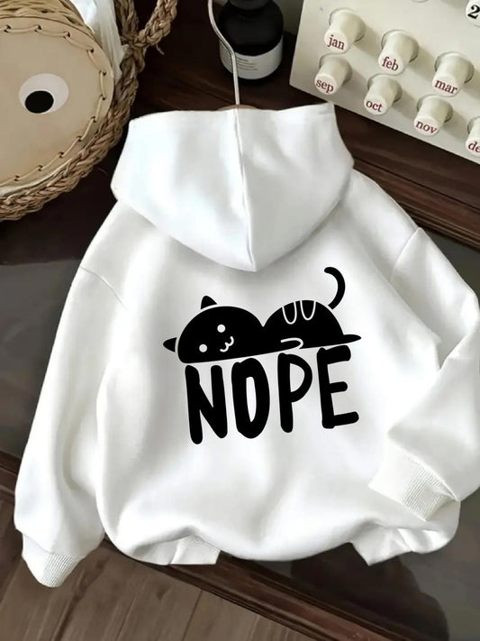Women's Graphic Hoodie Nope Cute Black Cat Lying Calmly Over Simple Bold Letters