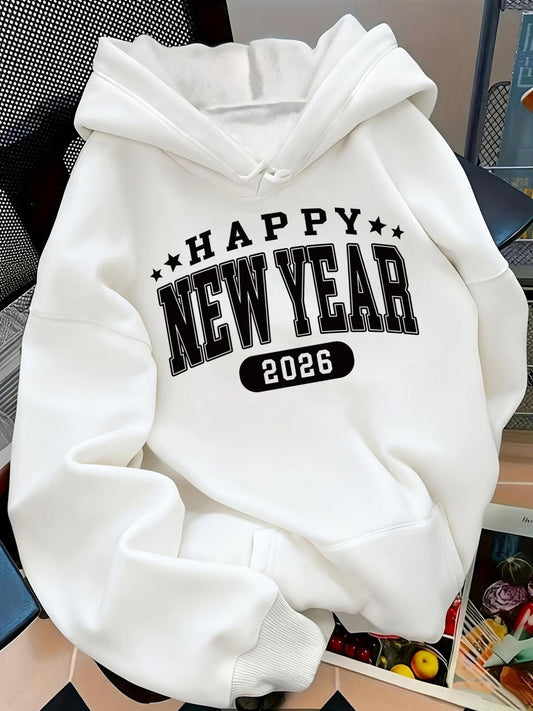 Women's Graphic Hoodie Happy New Year 2026 Bold Lettering With Five Stars Surrounded By Clean White Fabric Hoodie