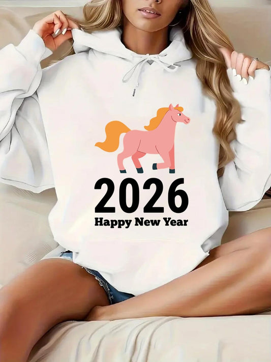 Women's Graphic Hoodie Happy New Year With Playful Cartoon Pony Under 2026 Text Pony