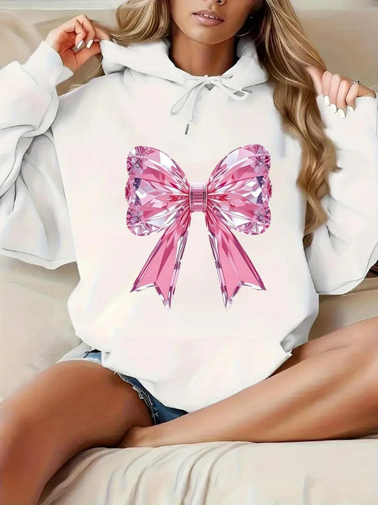 Women's Graphic Hoodie Sparkling Pink Crystal Design With Refined Satin Effects Bow
