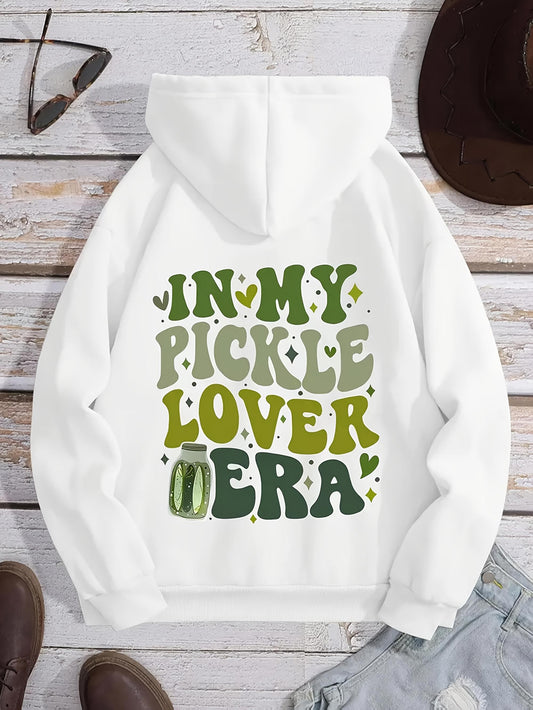 Women's Graphic Hoodie In My Pickle Lover Era Whimsical Hearts With Cartoon Pickle Jar Hoodie