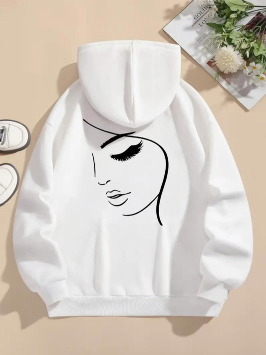 Women's Graphic Hoodie Minimalist Artistic Linework Featuring Abstract Female Face Portrait