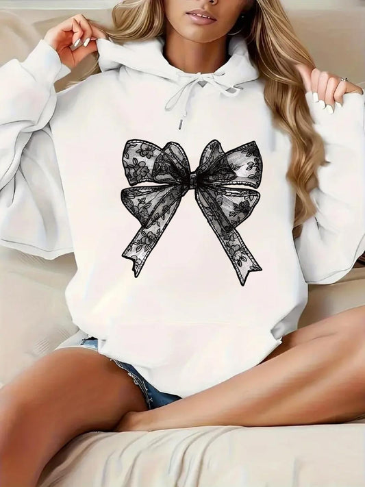 Women's Graphic Hoodie Intricate Lace Patterned Large Bow Among Soft Shadows Hoodie