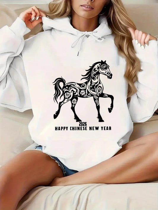 Women's Graphic Hoodie Happy Chinese New Year Decorative Swirling Lines Among Festive Dancing Horse