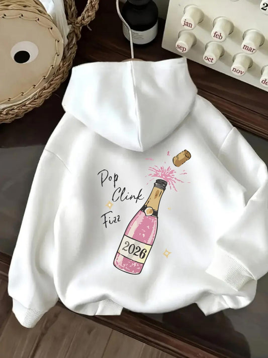Women's Graphic Hoodie Pop Clink Fizz Popping Champagne Bottle With Pink Glittery Sparkles Celebration