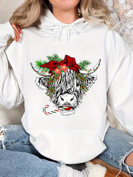 Women's Graphic Hoodie Festive Pine Branches And Red Bow Adorning Highland Cow