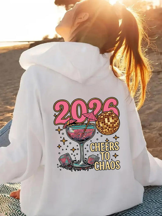 Women's Graphic Hoodie Cheers To Chaos Sparkling Cocktail Glass With Colorful Confetti And Glitter Accents Glass