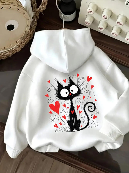 Women's Graphic Hoodie Playful Artistic Whimsical Hearts Surrounding A Curious Cat