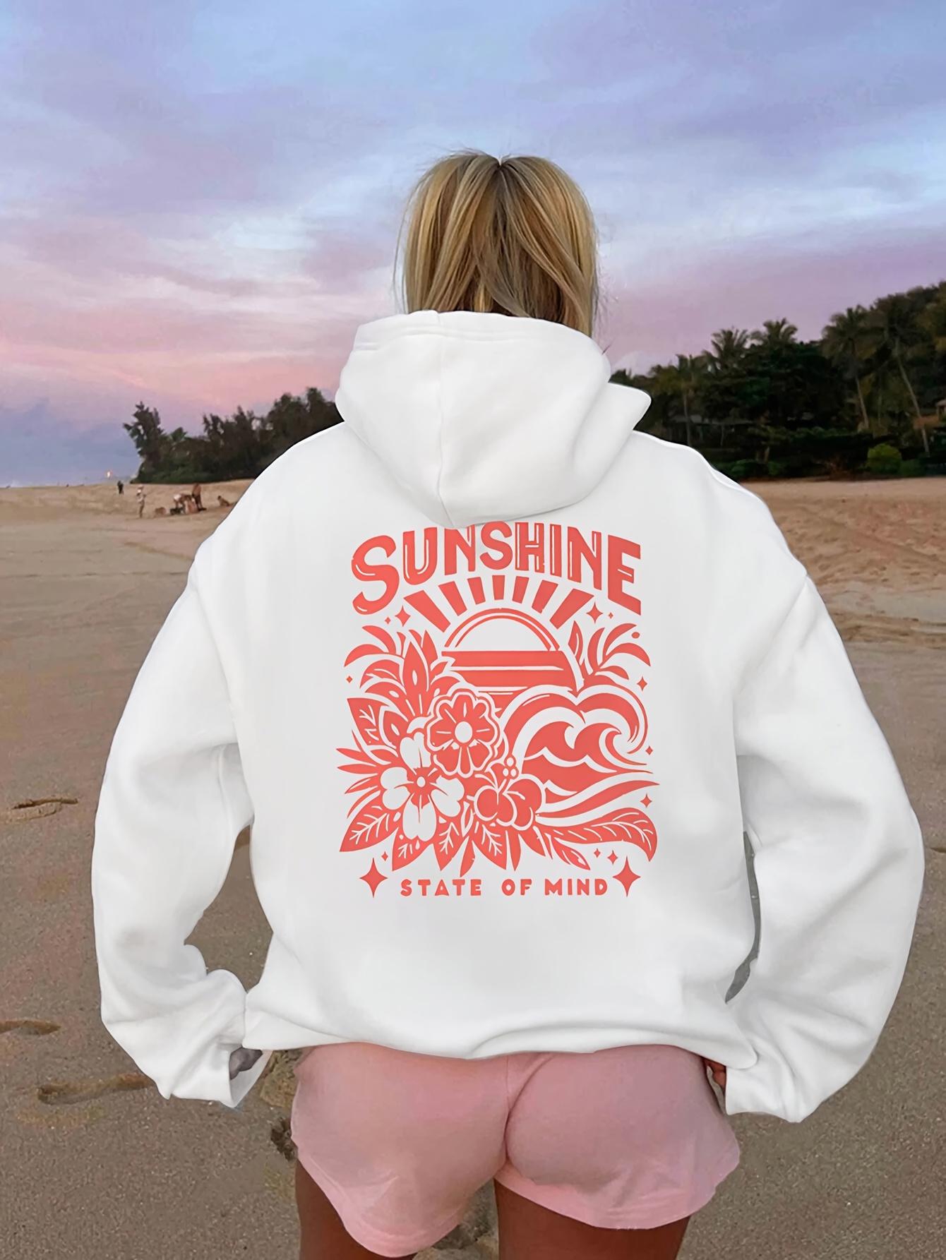 Women's Graphic Hoodie Sunshine State Of Mind Tropical Flowers With Vibrant Waves And Setting Sun Hoodie