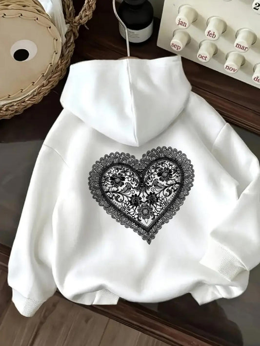 Women's Graphic Hoodie Ornate Lace Inspired Patterned Heart Motif With Elegant Details Heart