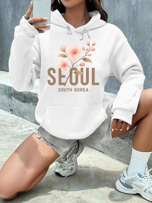 Women's Graphic Hoodie Seoul South Korea With Watercolor Pink Blossoms Embracing Springtime Branch