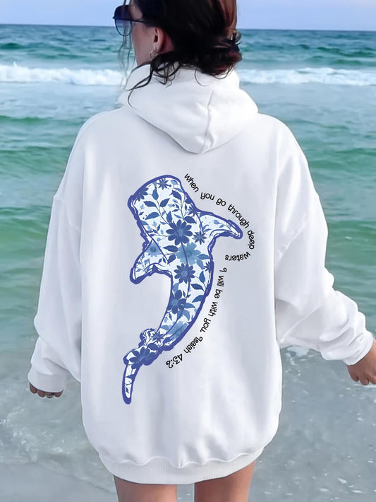 Women's Graphic Hoodie Floral Print Waves With Blue Patterned Shark