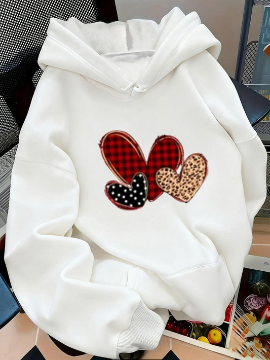 Women's Graphic Hoodie Patchwork Pattern Hearts In Playful Motif On Cozy Hoodie