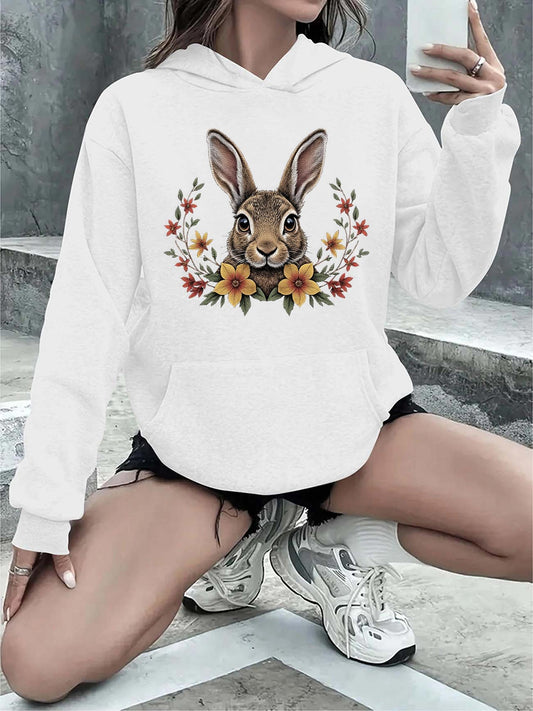 Women's Graphic Hoodie Playful Rabbit With Whiskers Among Blooming Autumn Garden Flowers Rabbit