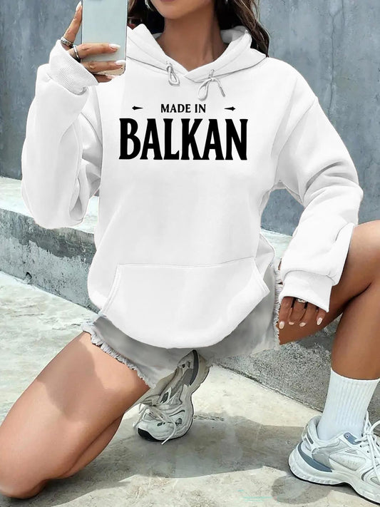Women's Graphic Hoodie Made In Balkan With Bold Typography Centered On White Hoodie