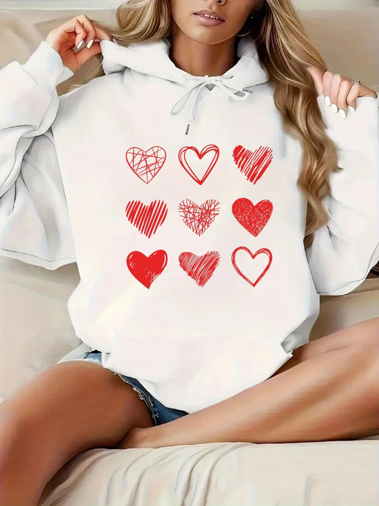 Women's Graphic Hoodie Nine Red Scribbled Hearts On Bright White Hoodie