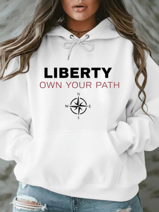 Women's Graphic Hoodie Liberty Own Your Path With Minimalist Compass Motif Among White Hoodie