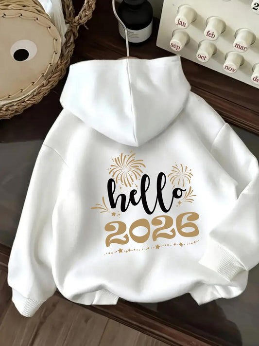 Women's Graphic Hoodie Hello 2026 Golden Fireworks Celebration Hoodie