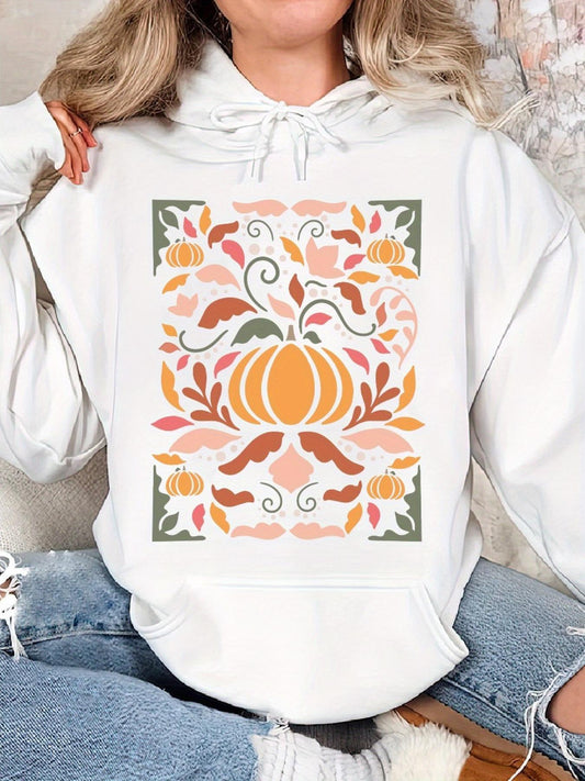 Women's Graphic Hoodie Harvest Leaves With Flourishing Autumn Pumpkin Surrounded By Pastel Florals Pumpkin