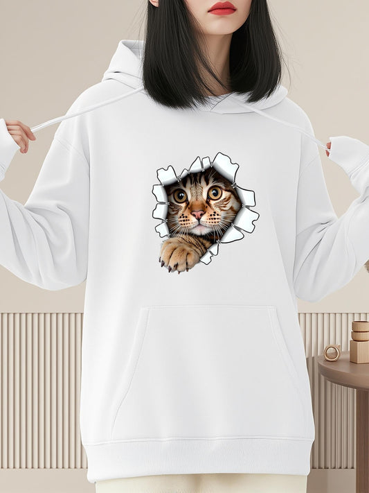 Women's Graphic Hoodie Curious Cat Peeking Through Torn Paper Hole Sweatshirt Cat