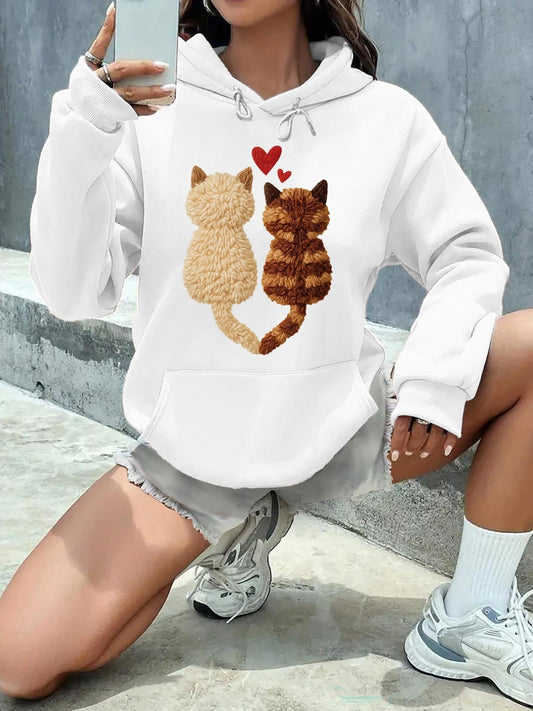 Women's Graphic Hoodie Two Playful Cats Sitting Together With Floating Red Hearts Cat