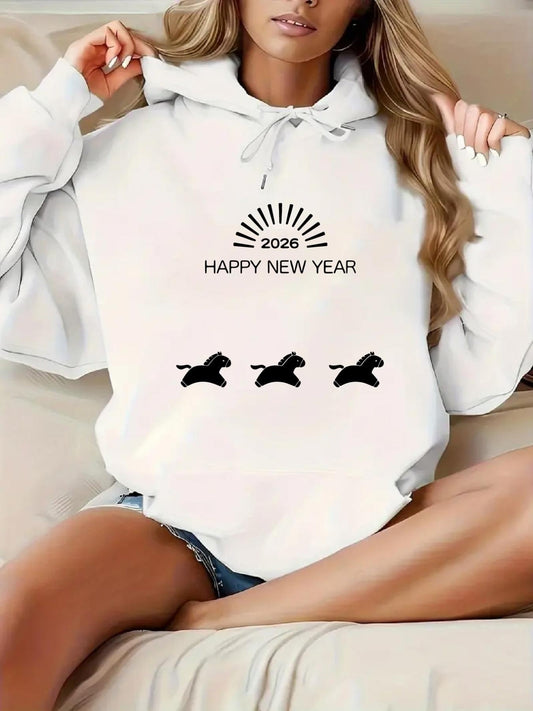 Women's Graphic Hoodie Happy New Year Sunrise Over Running Animal Pattern And Year Text Hoodie