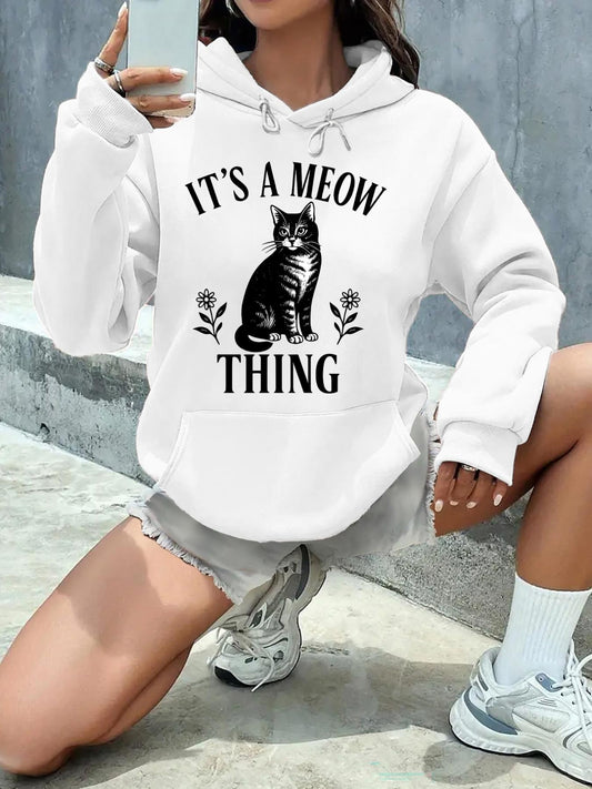 Women's Graphic Hoodie Its A Meow Thing Black Cat Sitting Among Decorative Leaves