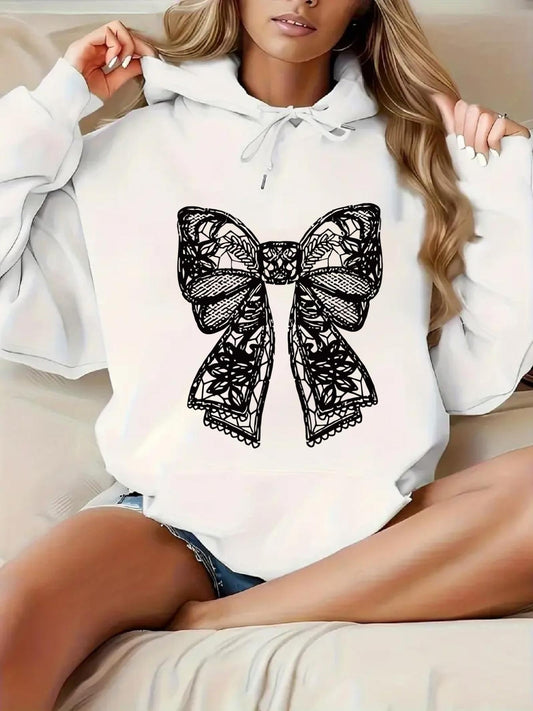 Women's Graphic Hoodie Delicate Lace Pattern With Large Intricate Detailed Bow Design