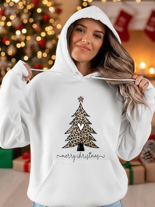 Women's Graphic Hoodie Merry Christmas With Leopard Print Holiday Tree Design