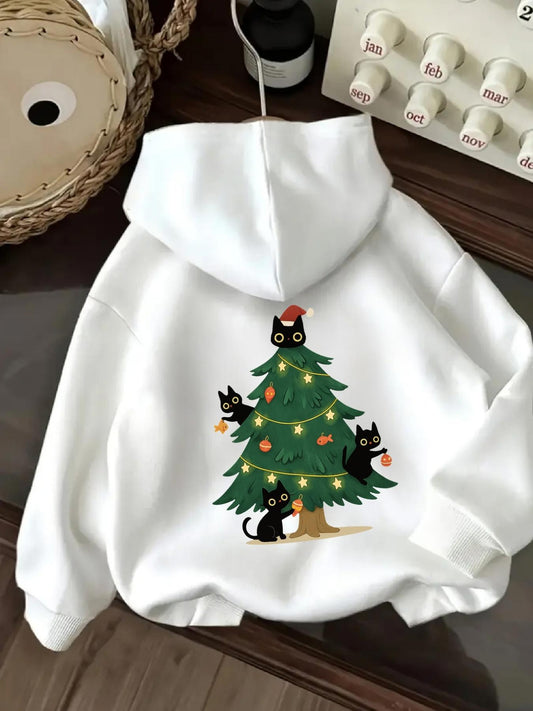 Women's Graphic Hoodie Playful Black Cats With Santa Hat Among Decorated Christmas Tree