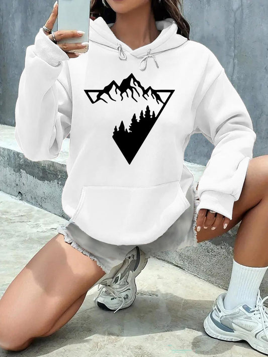 Women's Graphic Hoodie Snowy Mountain Peaks With Pine Trees In Triangular Silhouette Mountain