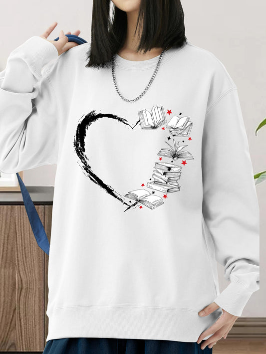 Women's Graphic Hoodie Scattered Pages Shaped Into A Heart With Books