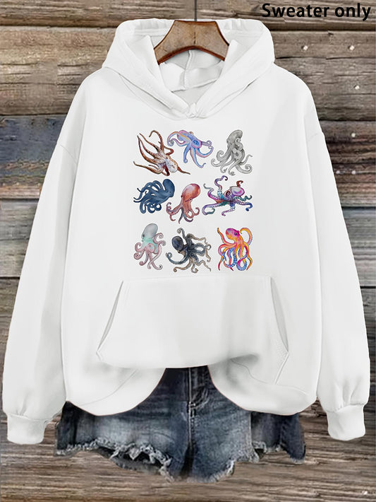Women's Graphic Hoodie Vivid Colorful Sea Creatures Swimming Around Ocean Octopus