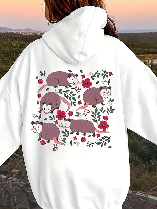 Women's Graphic Hoodie Playful Cartoon Opossums With Pink Flowers White Blossoms Leaves Opossum