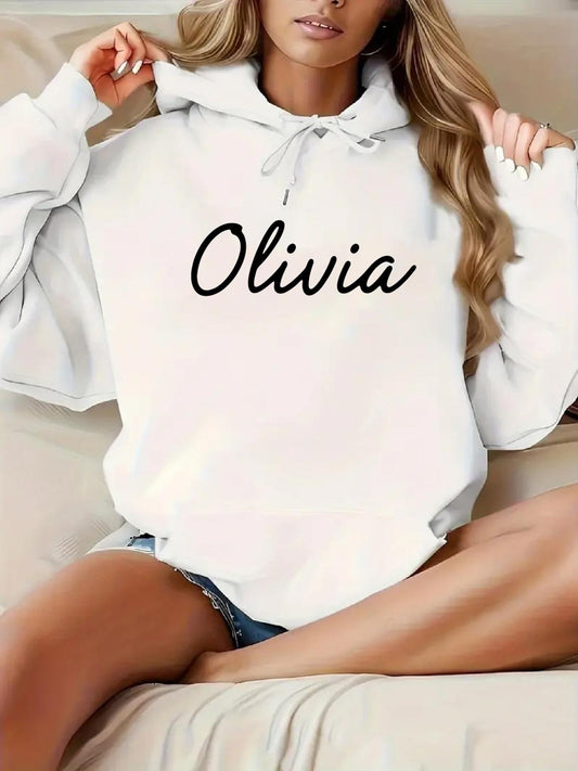 Women's Graphic Hoodie Olivia Elegant Script Personal Name White Hoodie