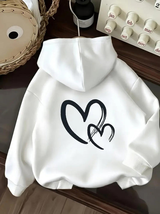 Women's Graphic Hoodie Contemporary Black Line Heart Motif Adorning A Simple White Hoodie