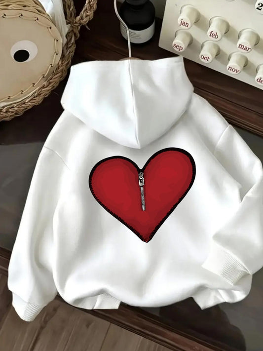 Women's Graphic Hoodie Zipper Accent Bold Red Heart On White Fabric Hoodie
