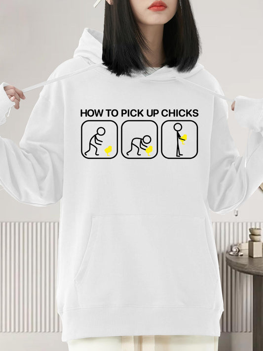 Women's Graphic Hoodie How To Pick Up Chicks Funny Cartoon Instructional Diagrams Featuring Stick Figures And Yellow Chicks Hoodie