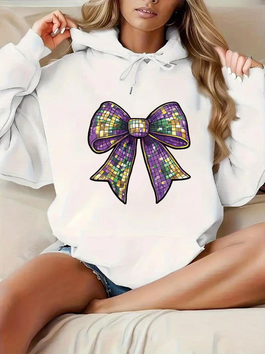 Women's Graphic Hoodie Colorful Sequined Sparkling Purple Ribbon On White Bow