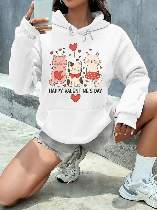 Women's Graphic Hoodie Happy Valentines Day Adorable Cartoon Cats With Hearts Sketched In Soft Pastel Colors