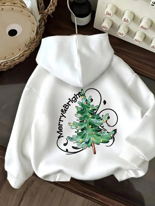 Women's Graphic Hoodie Merry Bright With Festive Swirling Ornaments And Green Pine Tree