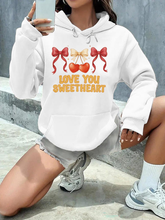 Women's Graphic Hoodie Love You Sweetheart Ribbons And Bow With Golden Heart