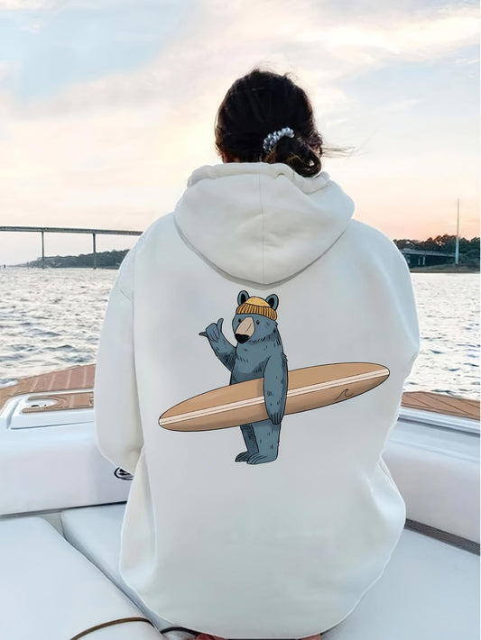 Women's Graphic Hoodie Adventurous Bear Wearing Sunglasses Holding A Wooden Surfboard