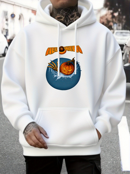 Men's Graphic Hoodie Halloween Night With Glowing Crescent Moon Pumpkin Patch Scene