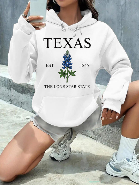 Women's Graphic Hoodie Texas Bluebonnet With Dates And Lone Star State Text Flower